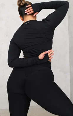 Shape Black Brushed Cotton Branded Active Overlay Crop Top