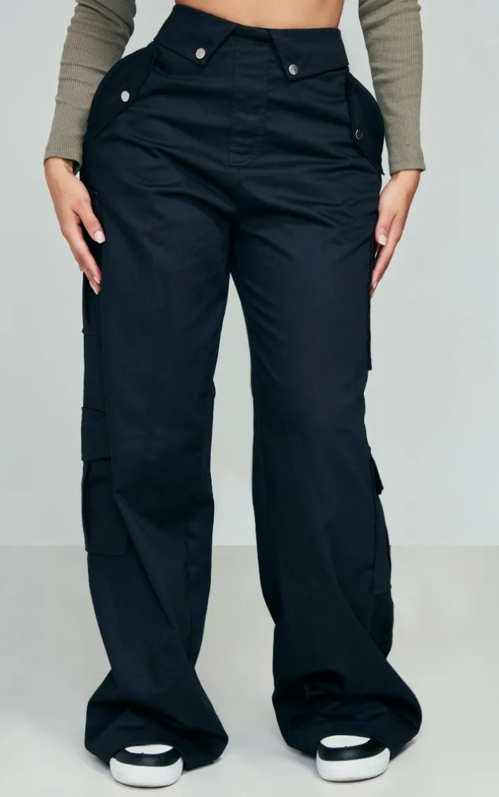 Shape Black Cargo Fold Waistband Pocket Detail Pants