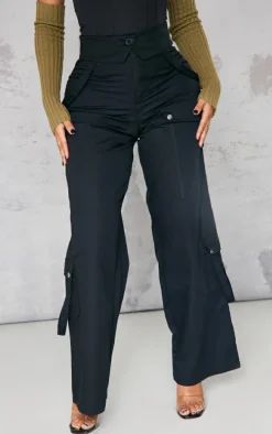 Shape Black Cargo Fold Waist Strap Detail Wide Leg Pants