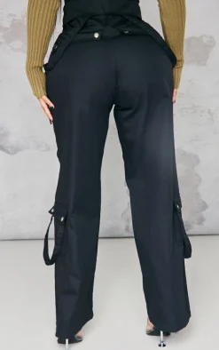 Shape Black Cargo Fold Waist Strap Detail Wide Leg Pants