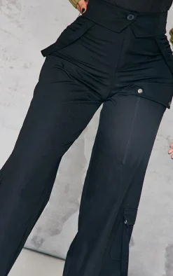 Shape Black Cargo Fold Waist Strap Detail Wide Leg Pants