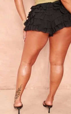 Shape Black Chiffon Ruffle Low Rise Hot Pants