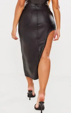 Shape Black Coated Denim Asymmetric Midi Skirt