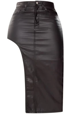 Shape Black Coated Denim Asymmetric Midi Skirt