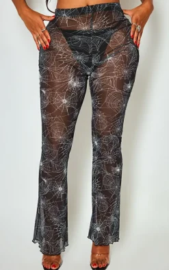 Shape Black Cobweb Printed Mesh Flare Pants