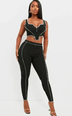 Shape Black Contrast Stitch Ribbed Crop Leggings