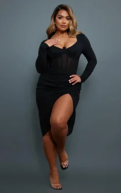 Shape Black Corset Detail Long Sleeve Ruched Midi Dress