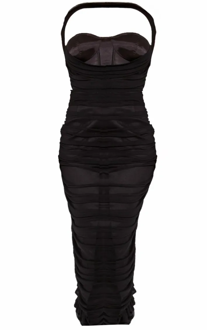 Shape Black Corset Detail Ruched Mesh Maxi Dress