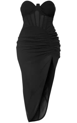 Shape Black Corset Detail Sleeveless Ruched Midi Dress