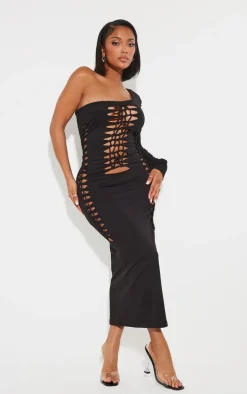 Shape Black Cotton Cut Out Long Sleeve Midaxi Dress