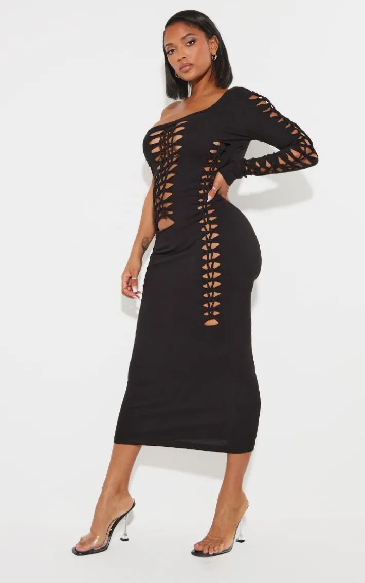 Shape Black Cotton Cut Out Long Sleeve Midaxi Dress