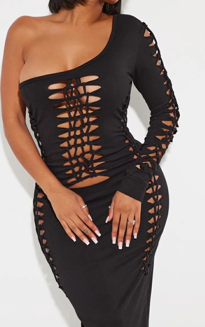 Shape Black Cotton Cut Out Long Sleeve Midaxi Dress