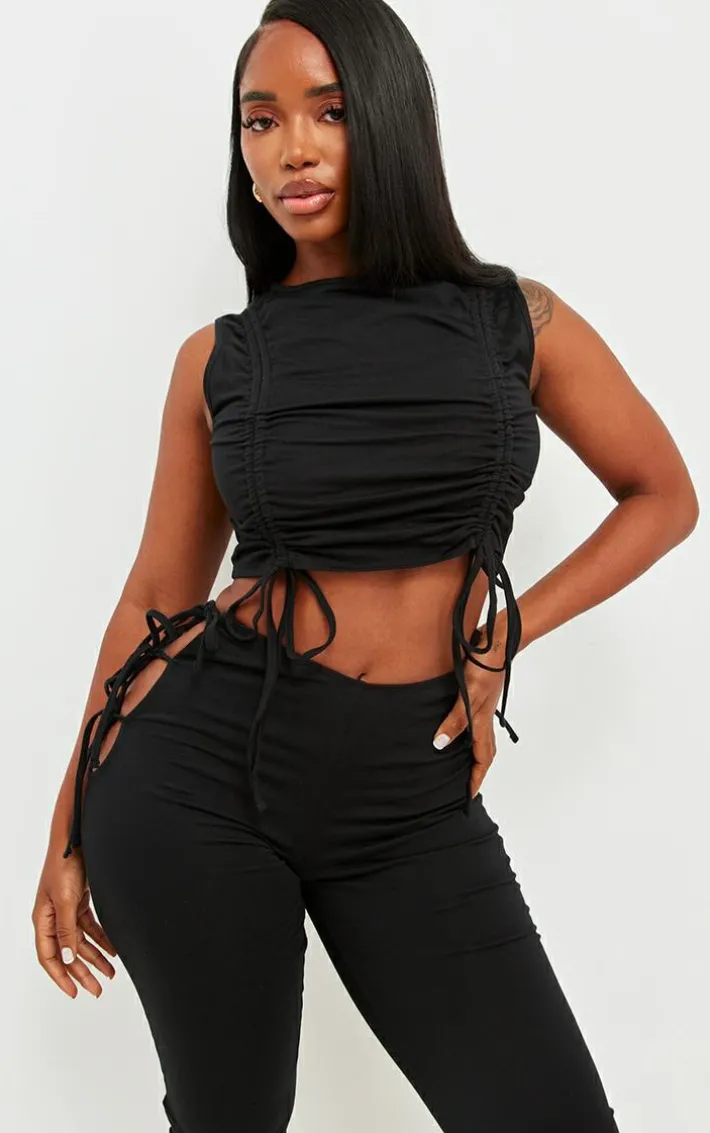 Shape Black Cotton Ruched Racer Longline Top