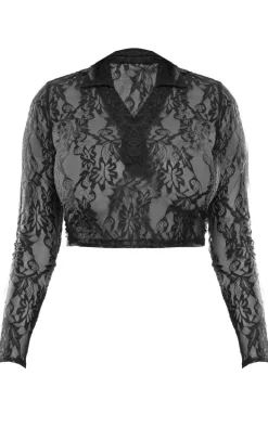 Shape Black Cropped Lace Button Up Top