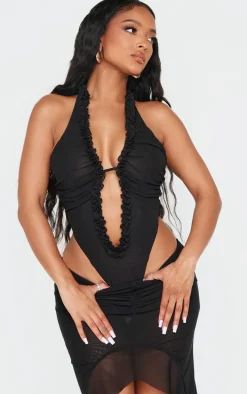 Shape Black Deep Plunge Halter Neck Frill Edge Bodysuit