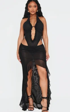 Shape Black Deep Plunge Halter Neck Frill Edge Bodysuit