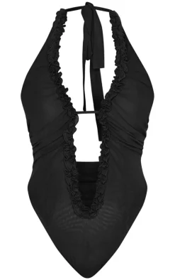 Shape Black Deep Plunge Halter Neck Frill Edge Bodysuit