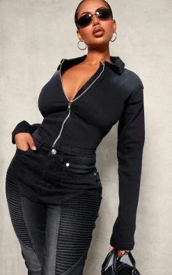 Shape Black Denim Cropped Zip Through Jacket