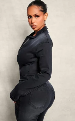 Shape Black Denim Cropped Zip Through Jacket