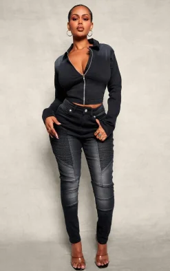 Shape Black Denim Cropped Zip Through Jacket