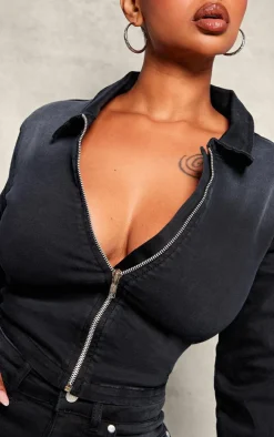 Shape Black Denim Cropped Zip Through Jacket