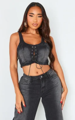 Shape Black Denim Washed Lace Up Crop Top