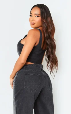 Shape Black Denim Washed Lace Up Crop Top