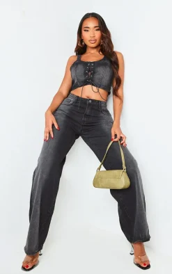 Shape Black Denim Washed Lace Up Crop Top
