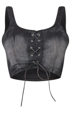 Shape Black Denim Washed Lace Up Crop Top