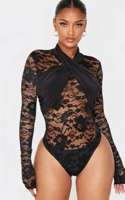 Shape Black Drape Detail Lace Bodysuit