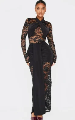 Shape Black Drape Detail Lace Bodysuit