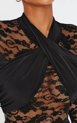 Shape Black Drape Detail Lace Bodysuit