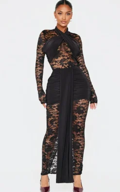 Shape Black Drape Detail Lace Skirt