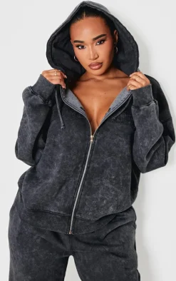 Shape Black Embroidery Washed Zip Through Hoodie