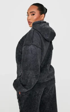 Shape Black Embroidery Washed Zip Through Hoodie