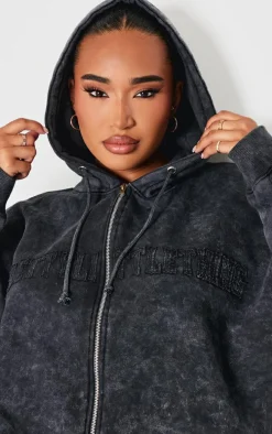 Shape Black Embroidery Washed Zip Through Hoodie
