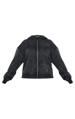 Shape Black Embroidery Washed Zip Through Hoodie