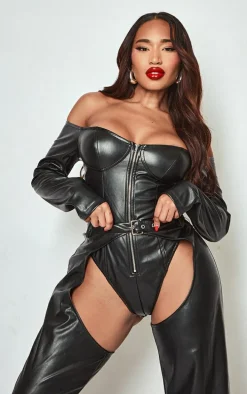 Shape Black Faux Leather Zip Front Bardot Bodysuit