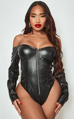Shape Black Faux Leather Zip Front Bardot Bodysuit