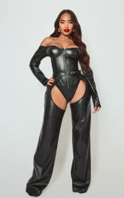 Shape Black Faux Leather Zip Front Bardot Bodysuit