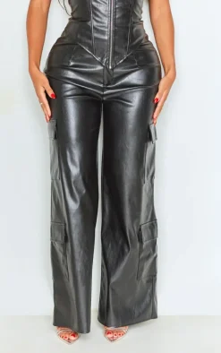 Shape Black Faux Leather Straight Leg Cargo Pants
