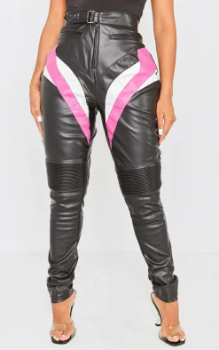 Shape Black Faux Leather Color Block Detail Skinny Pants