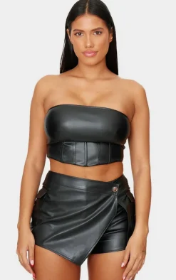 Shape Black Faux Leather Wrap Front Skort