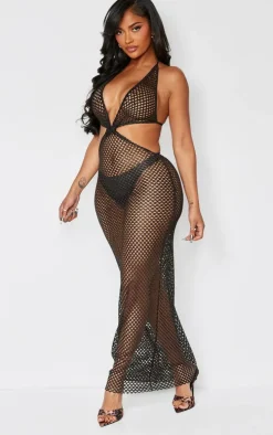 Shape Black Fishnet Halterneck Knot Front Maxi Dress