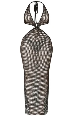 Shape Black Fishnet Halterneck Knot Front Maxi Dress