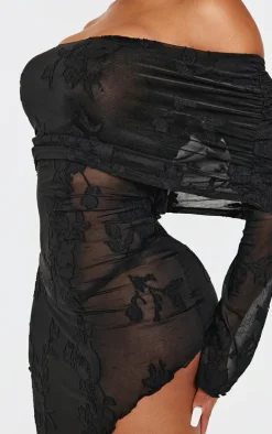 Shape Black Floral Devore Fold Over Asymmetric Long Sleeve Midaxi Dress