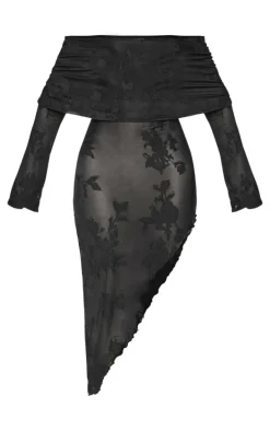 Shape Black Floral Devore Fold Over Asymmetric Long Sleeve Midaxi Dress