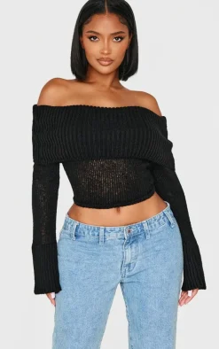 Shape Black Fold Over Knitted Top