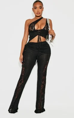 Shape Black Fold Over Ribbed Pants With Side Panel Detail