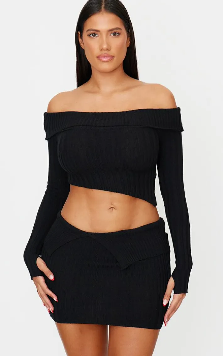 Shape Black Fold Over Ribbed Mini Skirt
